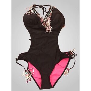 NWT Vintage Bongo One Piece Swimsuit Open back‎ Fringe Juniors Size XL